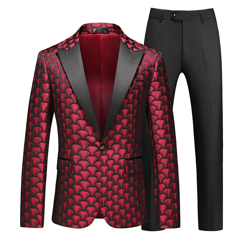 Tailored Fit Peaked Lapel Single Breasted One-Button Embroidery 2 Piece Men's Party Suits Crimson