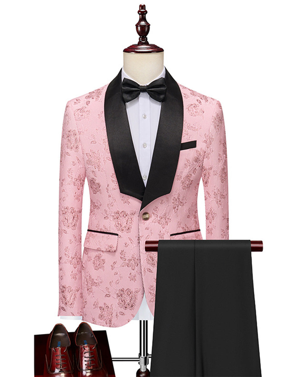 Tailored Fit Shawl Lapel Single Breasted One-Button Floral 2 Piece Men's Party Suits Pink