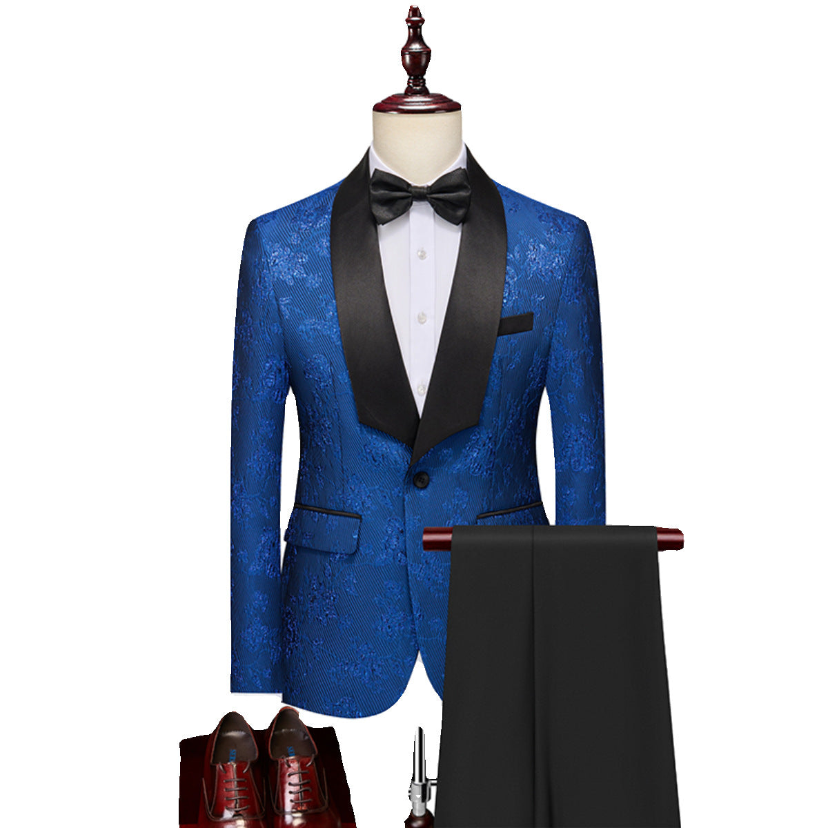 Tailored Fit Shawl Lapel Single Breasted One-Button Floral 2 Piece Men's Party Suits Royal Blue