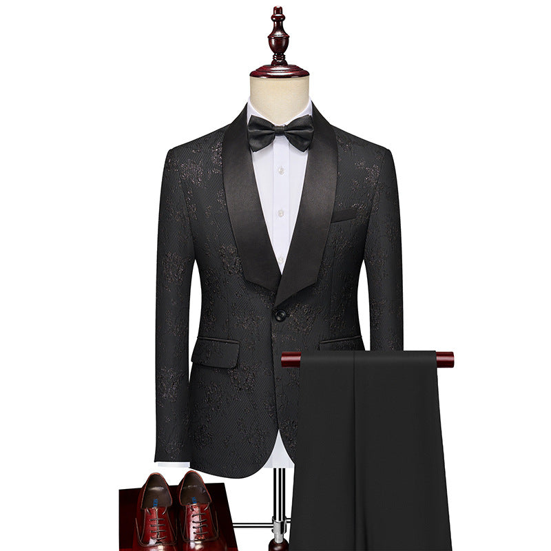 Tailored Fit Shawl Lapel Single Breasted One-Button Floral 2 Piece Men's Party Suits Black