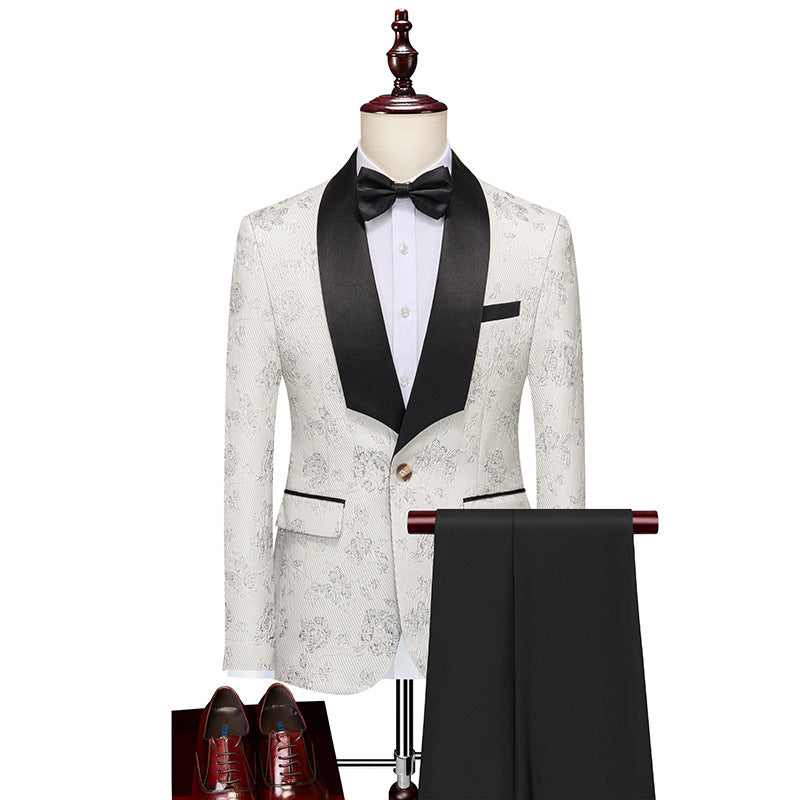 Tailored Fit Shawl Lapel Single Breasted One-Button Floral 2 Piece Men's Party Suits White
