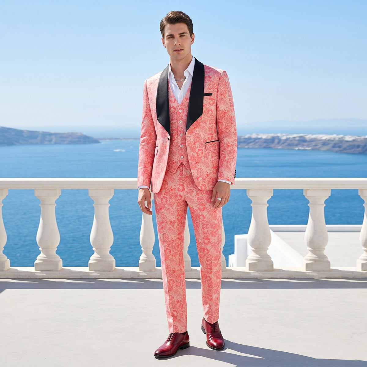 Tailored Fit Shawl Lapel Single Breasted One-Button Floral 3 Piece Men's Party Suits Salmon