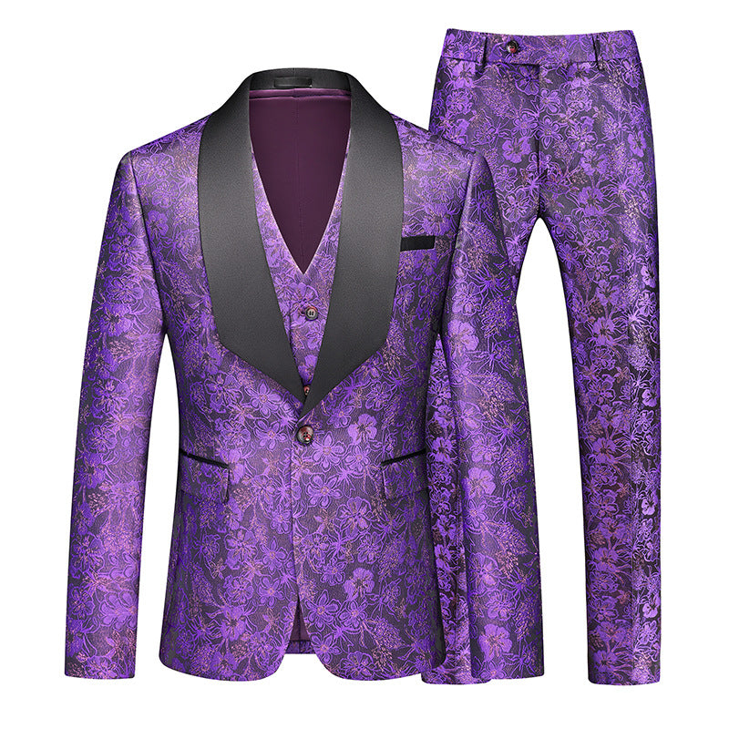 Tailored Fit Shawl Lapel Single Breasted One-Button Floral 3 Piece Men's Party Suits Purple