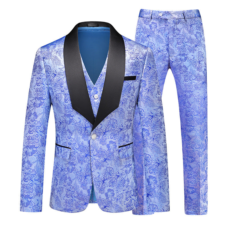 Tailored Fit Shawl Lapel Single Breasted One-Button Floral 3 Piece Men's Party Suits Blue
