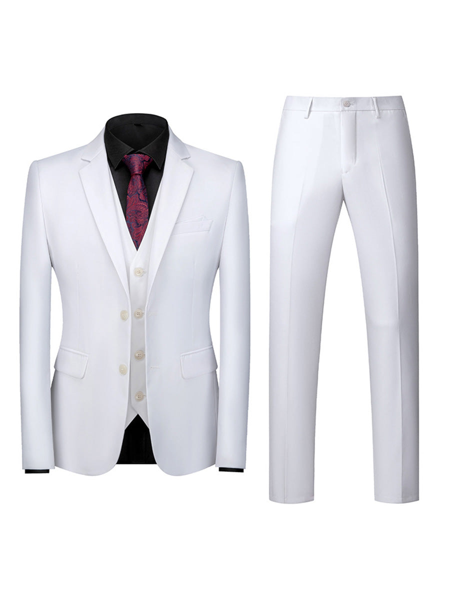 Tailored Fit Notched Lapel Single Breasted Two-Buttons 3 Piece Men's Party Suits White