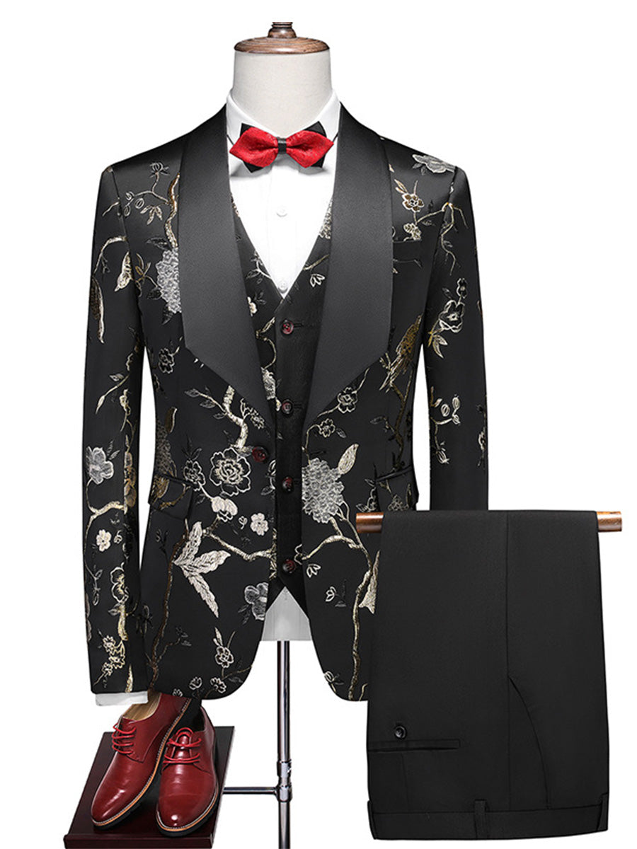 Tailored Fit Shawl Lapel Single Breasted One-Button Embroidery 3 Piece Men's Party Suits Gold