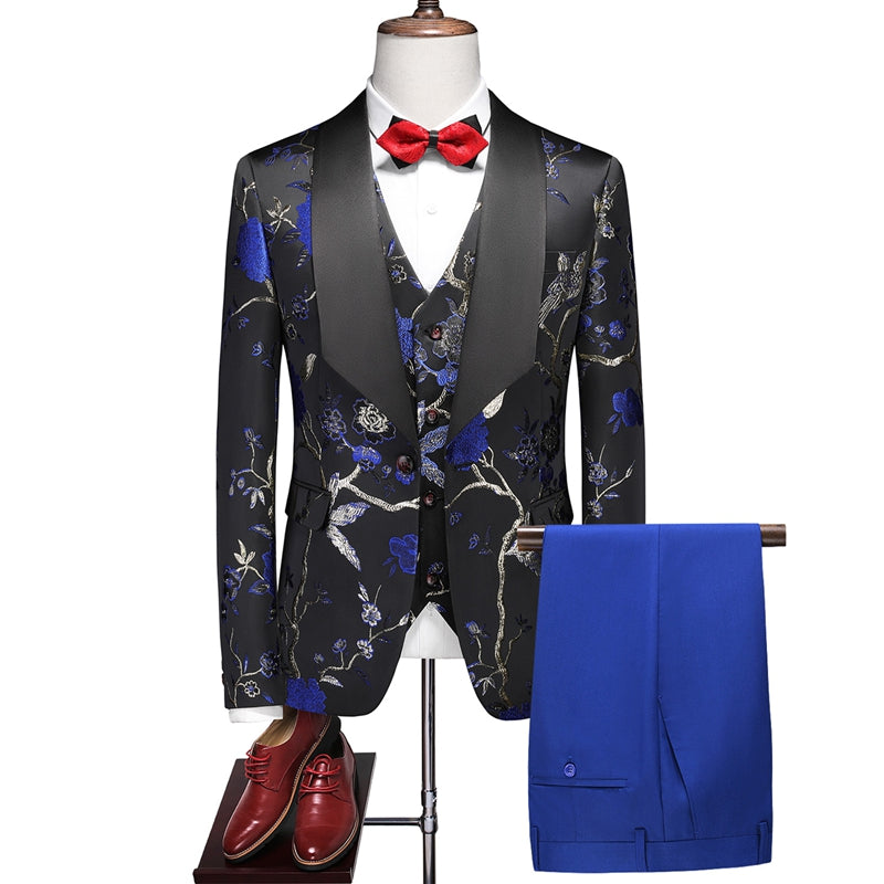 Tailored Fit Shawl Lapel Single Breasted One-Button Embroidery 3 Piece Men's Party Suits Royal Blue