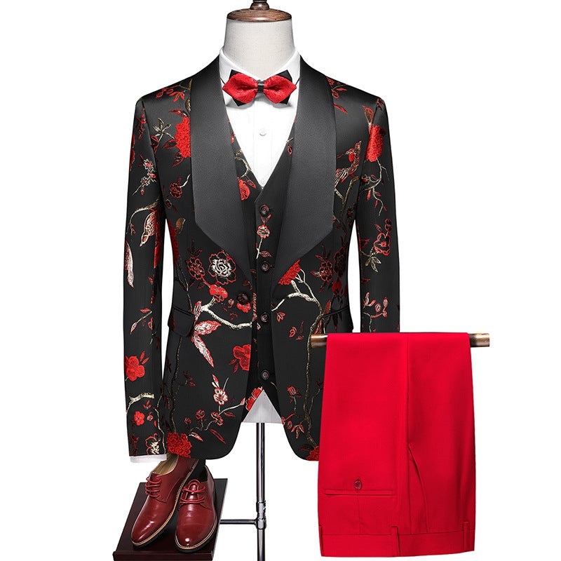 Tailored Fit Shawl Lapel Single Breasted One-Button Embroidery 3 Piece Men's Party Suits Red