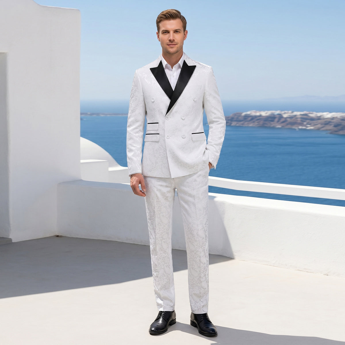 Tailored Fit Peaked Lapel Double Breasted Six-Buttons Jacquard 2 Piece Men's Party Suits White