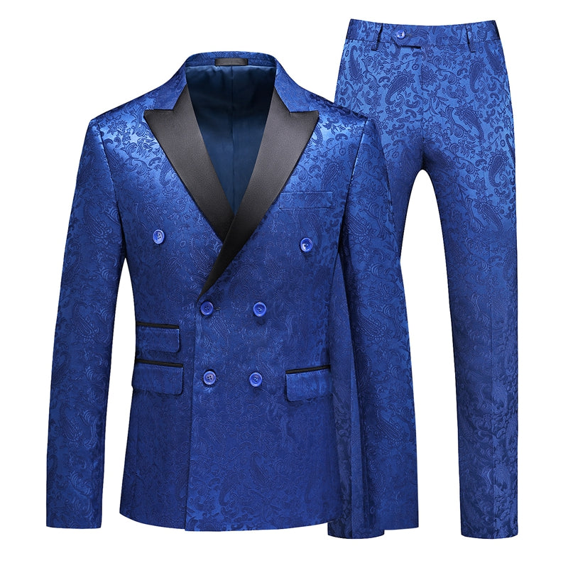 Tailored Fit Peaked Lapel Double Breasted Six-Buttons Jacquard 2 Piece Men's Party Suits Royal Blue