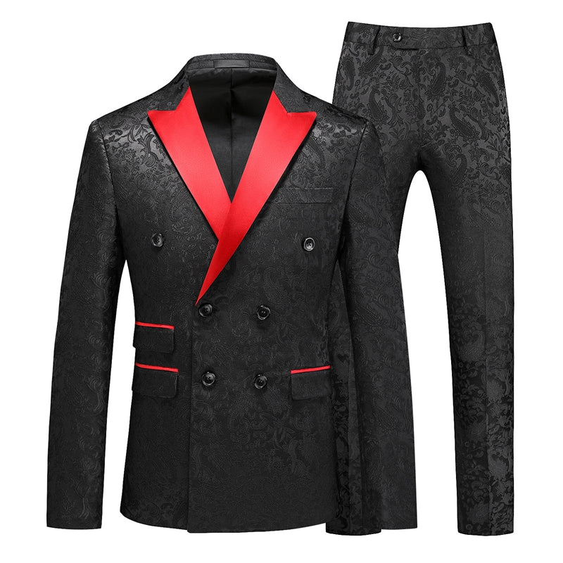 Tailored Fit Peaked Lapel Double Breasted Six-Buttons Jacquard 2 Piece Men's Party Suits Black