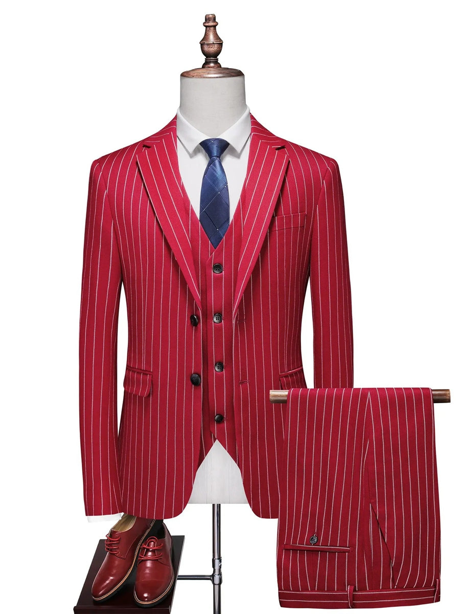 Tailored Fit Single Breasted One-button 3 Pieces Stripe print Men's Wedding Suits Red