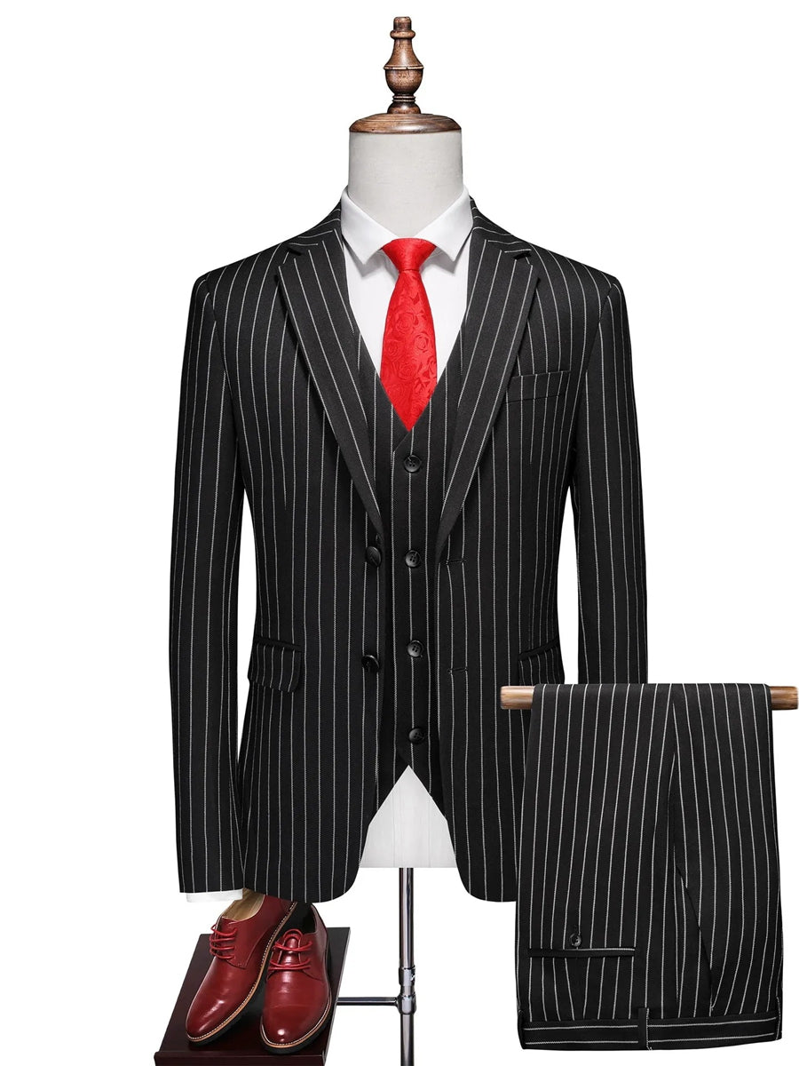 Tailored Fit Single Breasted One-button 3 Pieces Stripe print Men's Wedding Suits Black