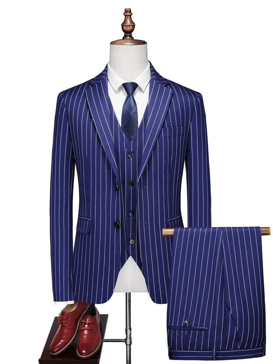 Tailored Fit Single Breasted One-button 3 Pieces Stripe print Men's Wedding Suits Blue