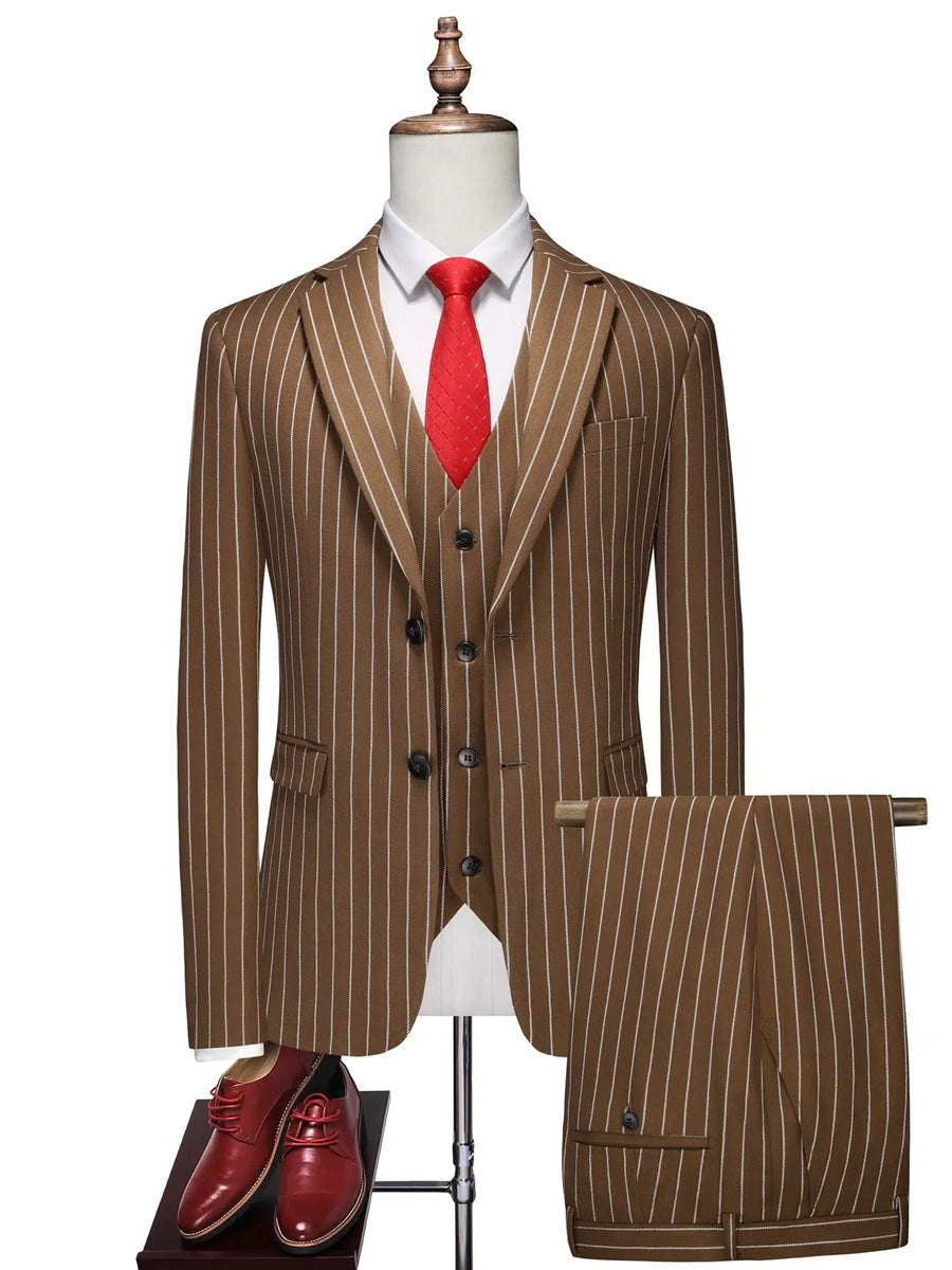 Tailored Fit Single Breasted One-button 3 Pieces Stripe print Men's Wedding Suits Brown