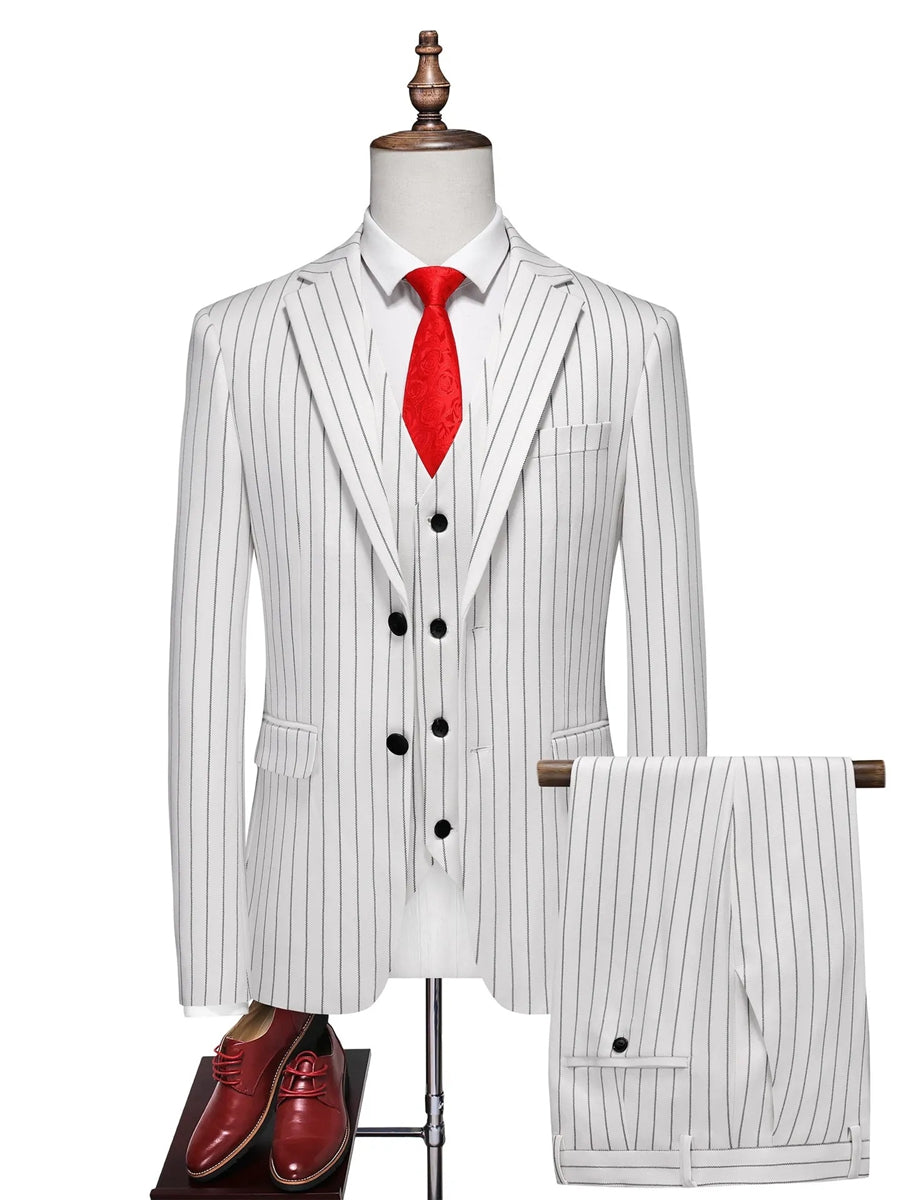 Tailored Fit Single Breasted One-button 3 Pieces Stripe print Men's Wedding Suits White
