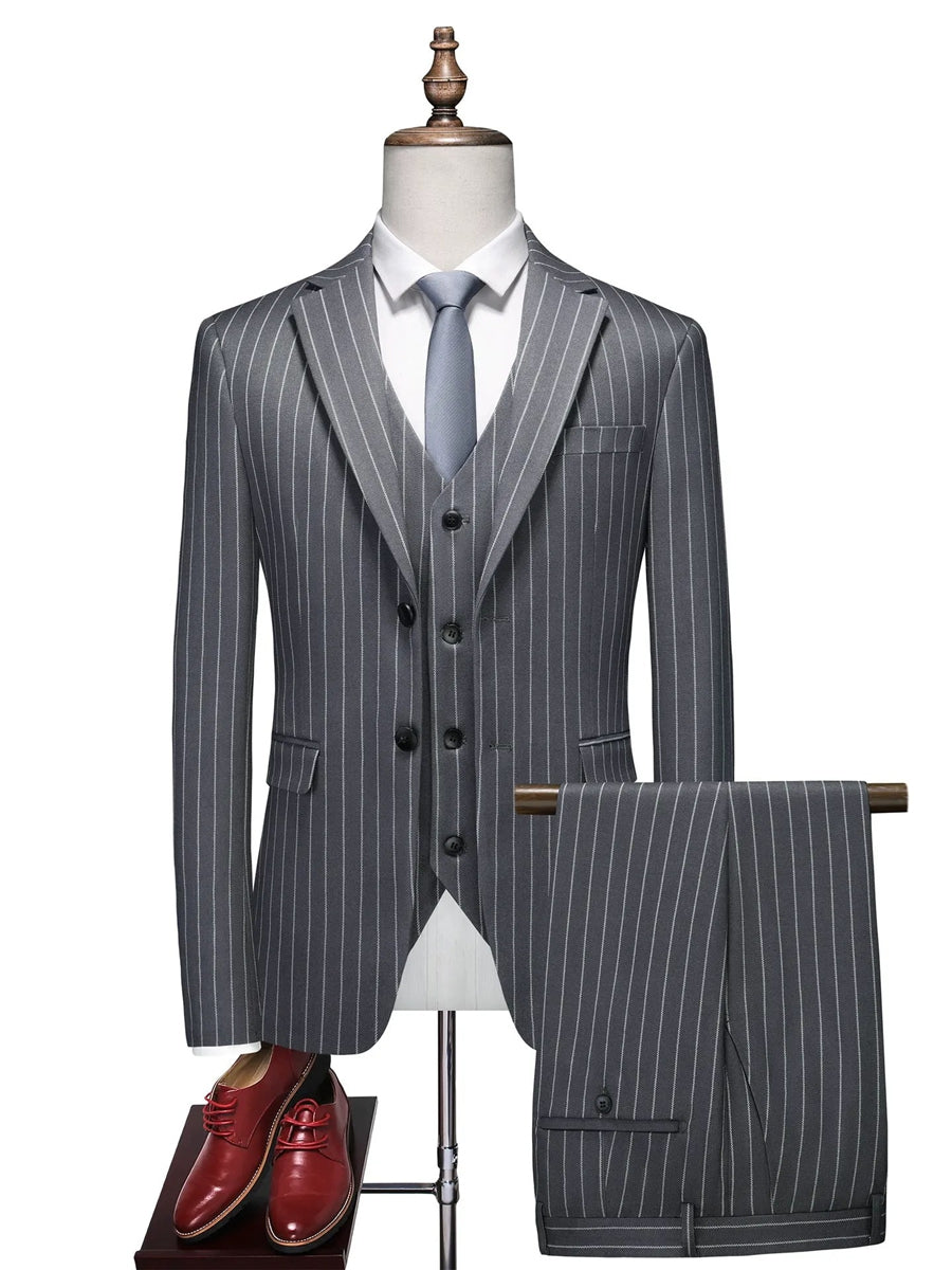 Tailored Fit Single Breasted One-button 3 Pieces Stripe print Men's Wedding Suits Gray