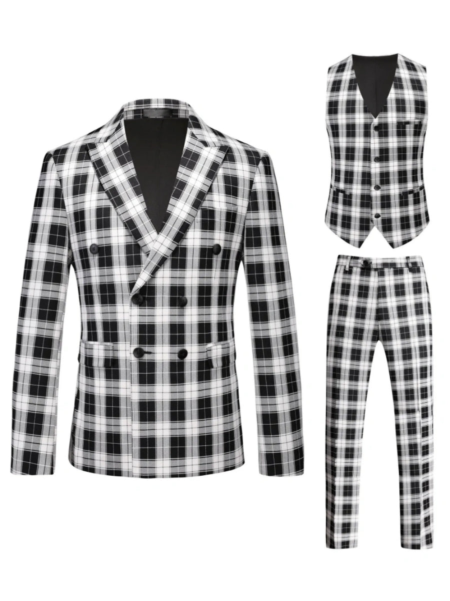 Tailored Fit Single Breasted One-button 3 Pieces Plaid Printed Men's Wedding Suits Black and White