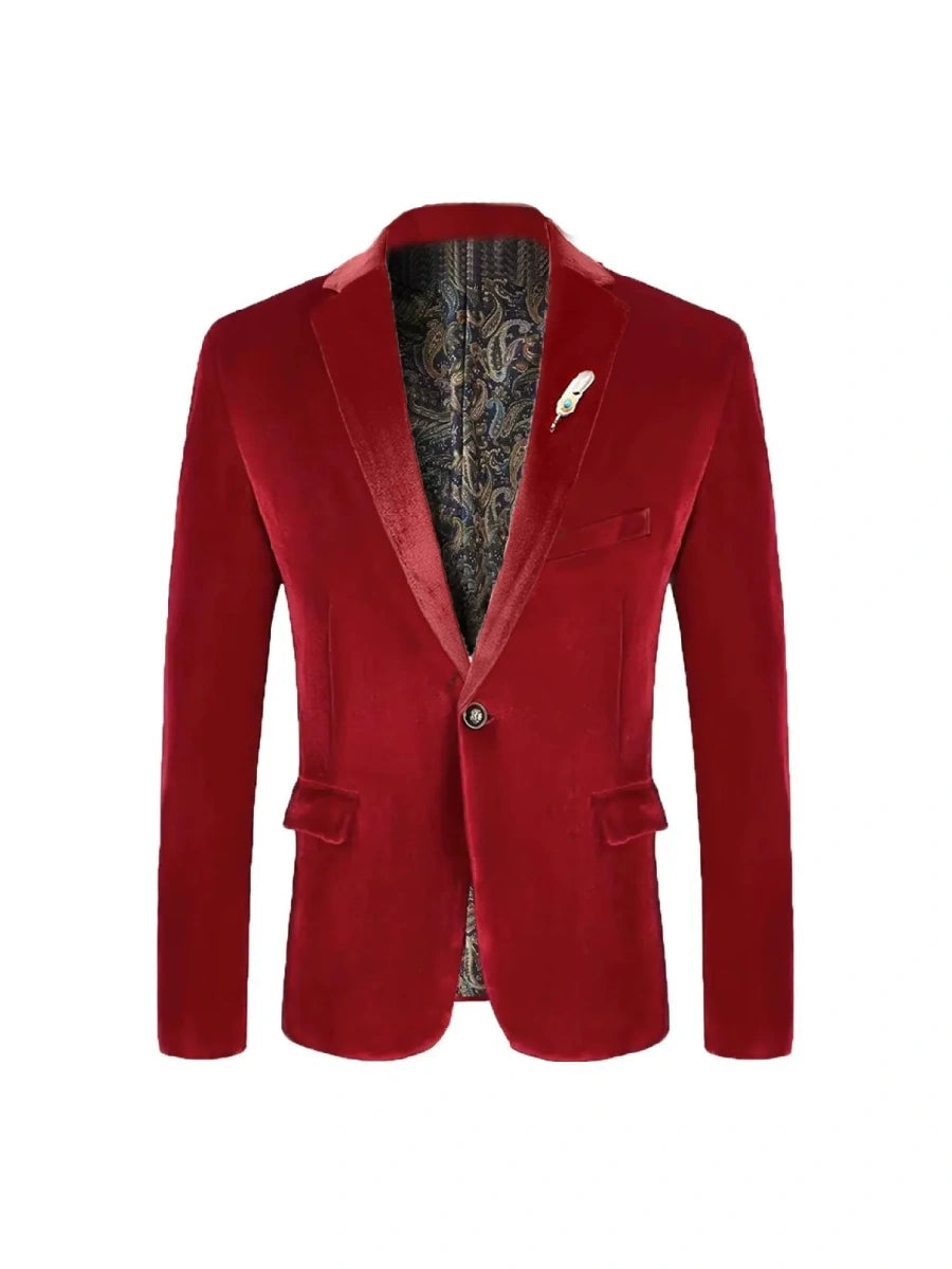 Tailored Fit Notched Lapel Breasted One-Buttons Velvet Men's Party Jacket Red