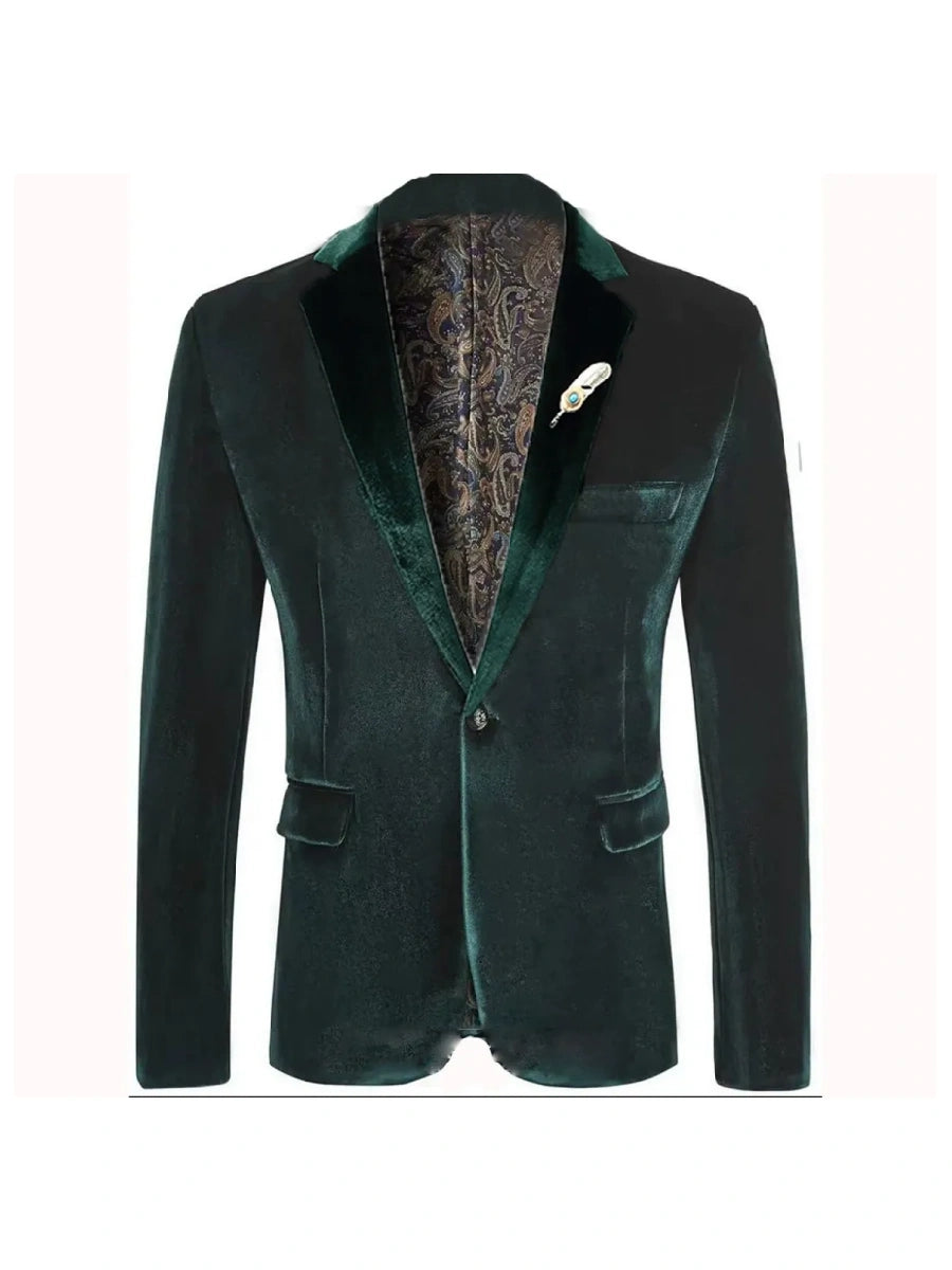 Tailored Fit Notched Lapel Breasted One-Buttons Velvet Men's Party Jacket Green