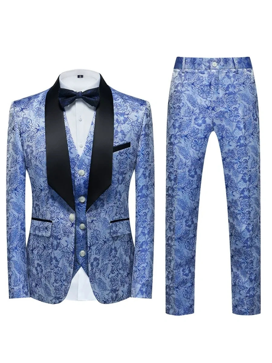 Tailored Fit Single Breasted One-button 2 Pieces Printed Men's Casual Suits Aqua Blue