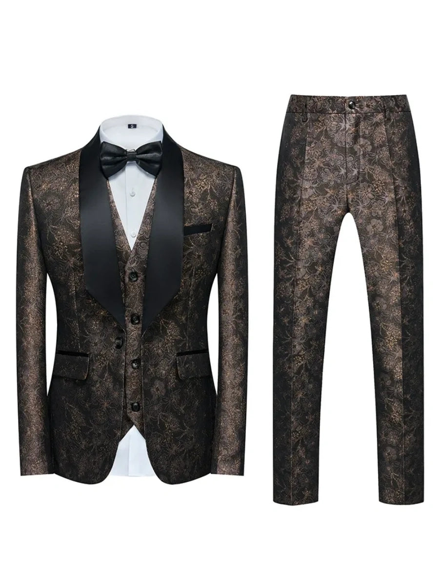 Tailored Fit Single Breasted One-button 2 Pieces Printed Men's Casual Suits Coffee