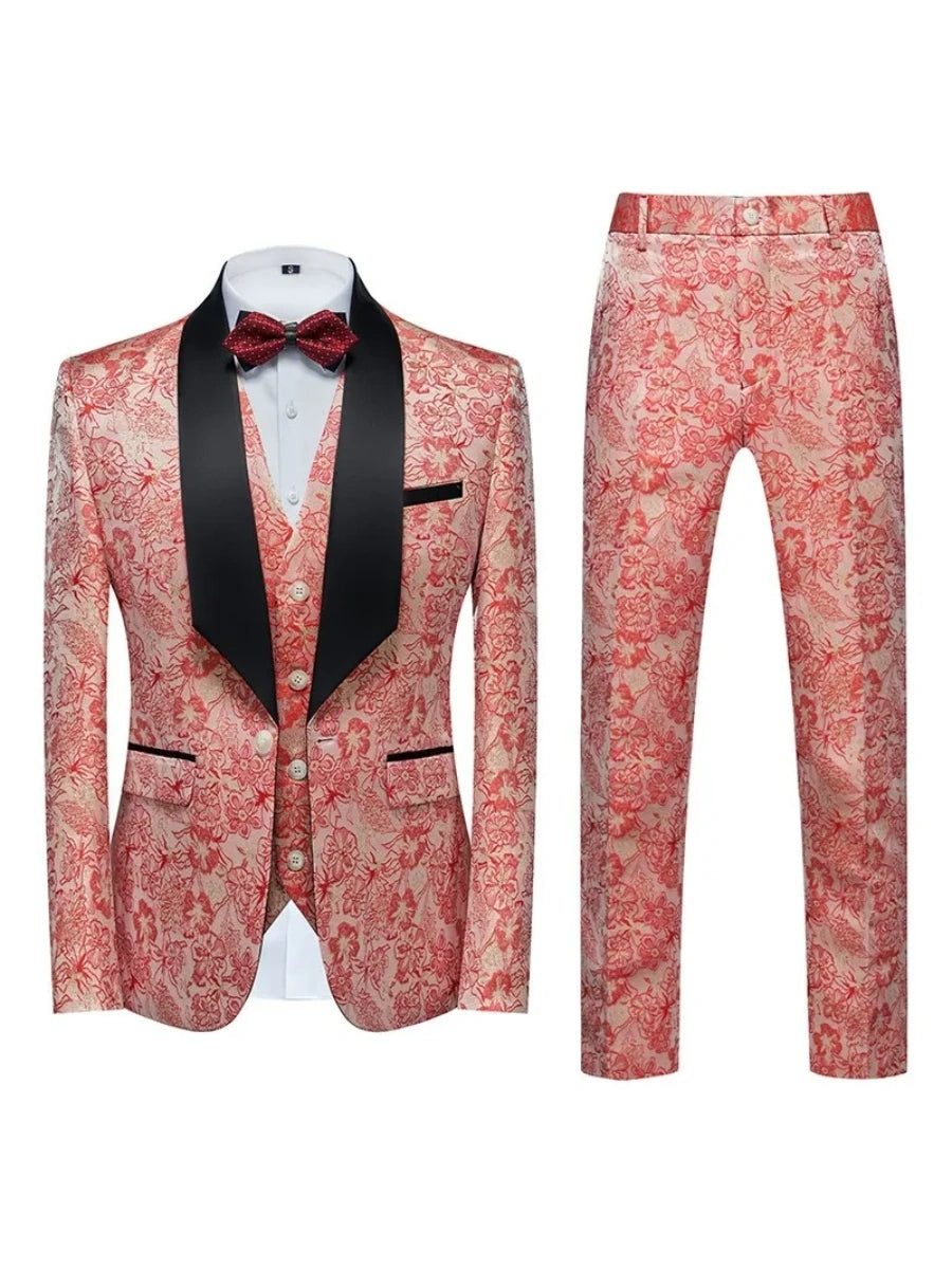 Tailored Fit Single Breasted One-button 2 Pieces Printed Men's Casual Suits Pink