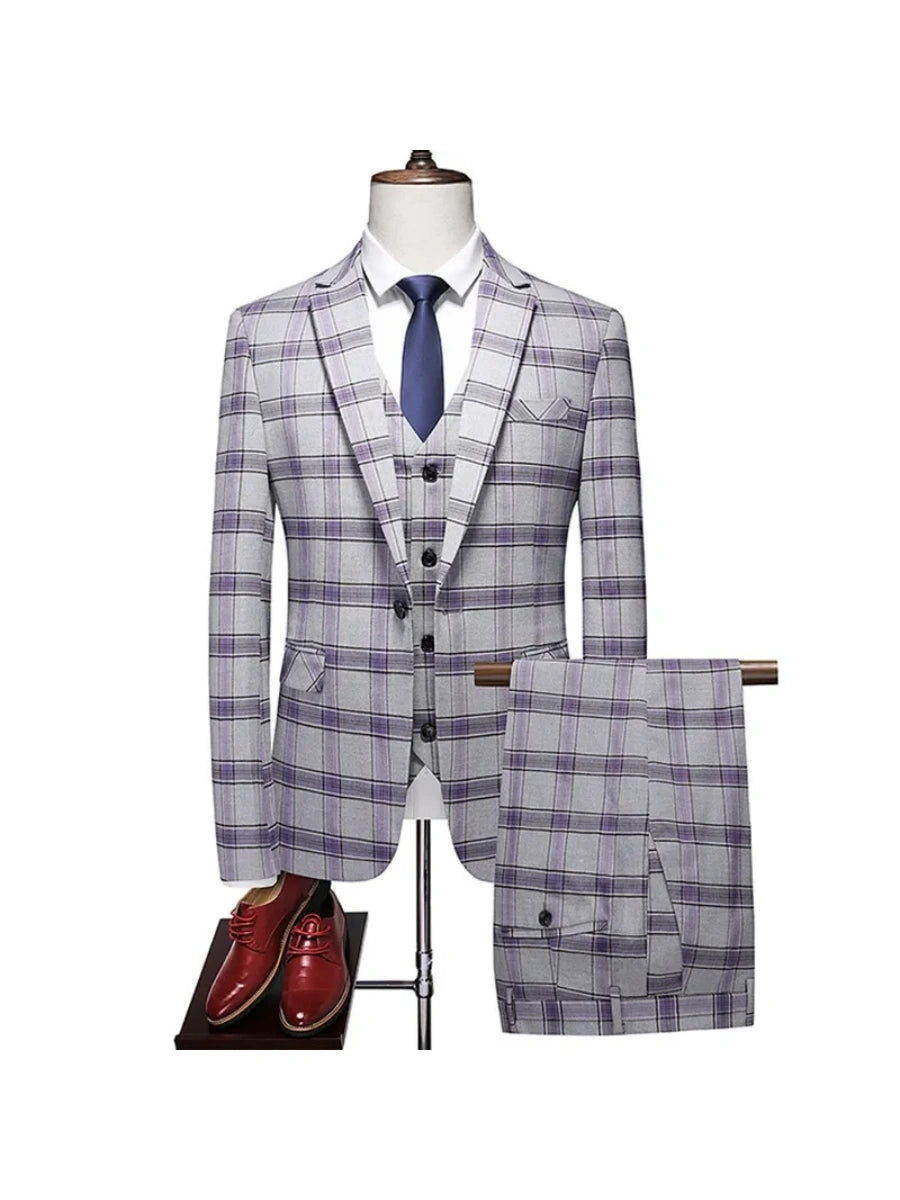 Tailored Fit Notched Lapel Single Breasted One-Button Grid 3 Piece Men's Party Suits Dusty Purple