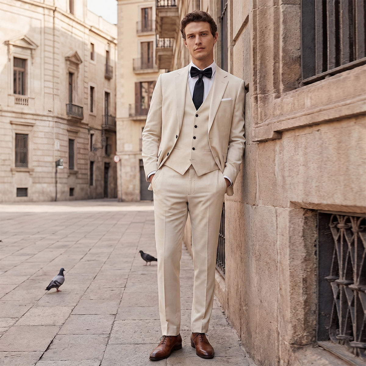 Tailored Fit Single Breasted Two-buttons 3 Pieces Solid Colored Men's Wedding Suits As Picture