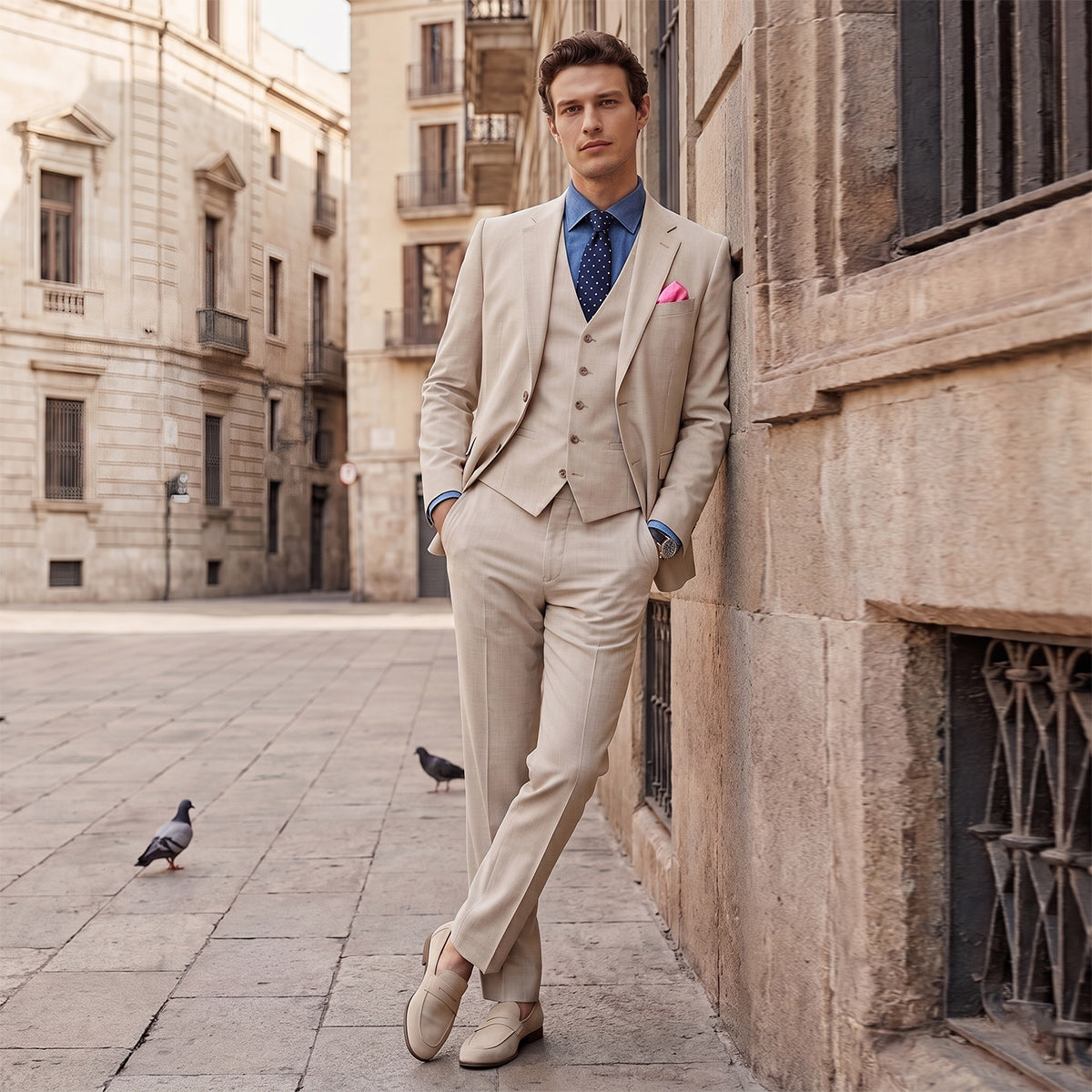 Tailored Fit Single Breasted Two-buttons 3 Pieces Solid Colored Men's Wedding Suits As Picture