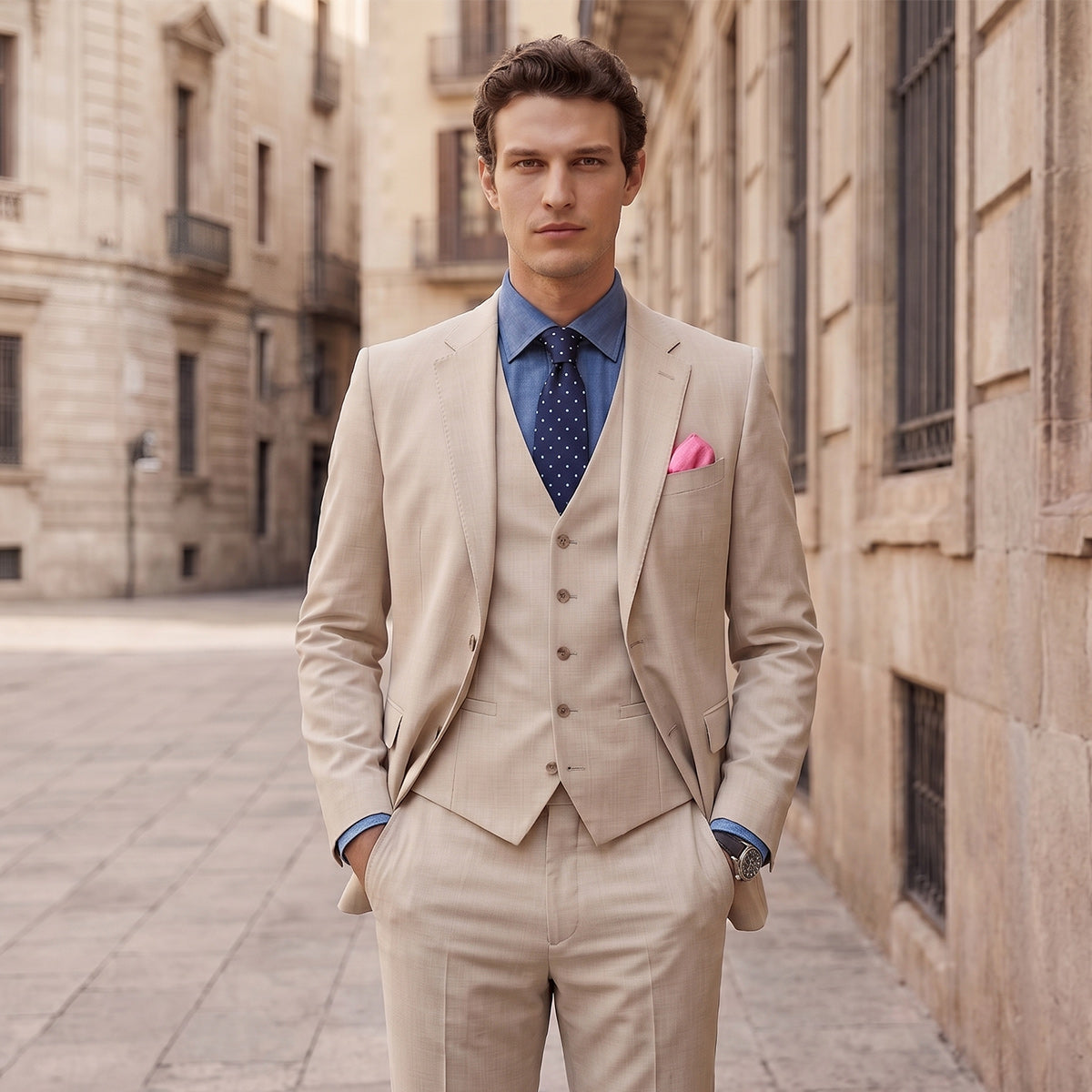 Tailored Fit Single Breasted Two-buttons 3 Pieces Solid Colored Men's Wedding Suits