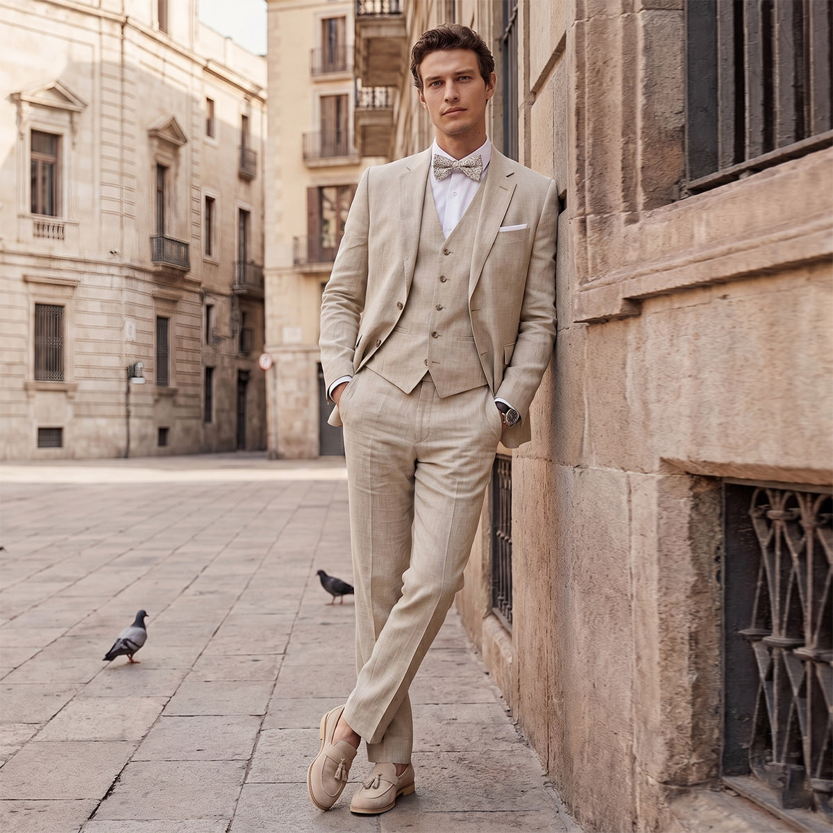 Tailored Fit Single Breasted Two-buttons 3 Pieces Solid Colored Men's Wedding Suits As Picture