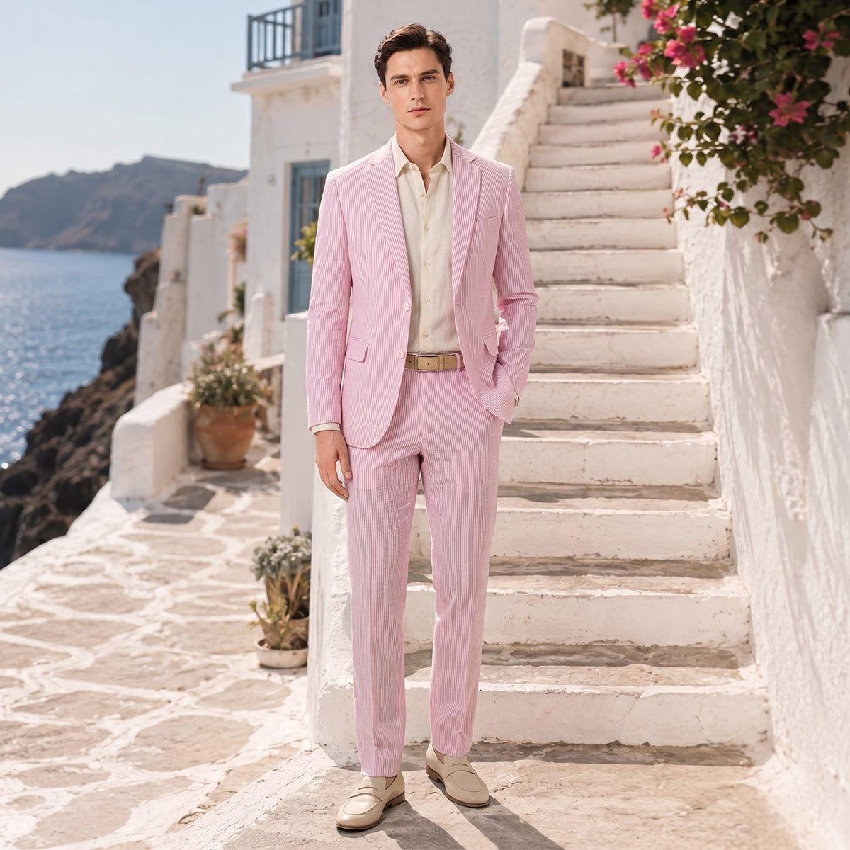 Tailored Fit Single Breasted Two-buttons 2 Pieces Striped Men's Wedding Suits Pink