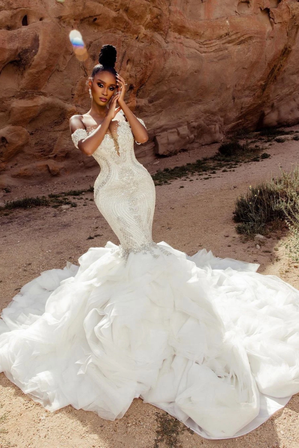 Beautiful Mermaid V-Neck Off-The-Shoulder Tulle Wedding Dresses-LLELLA
