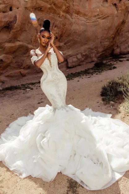 Beautiful Mermaid V-Neck Off-The-Shoulder Tulle Wedding Dresses-LLELLA
