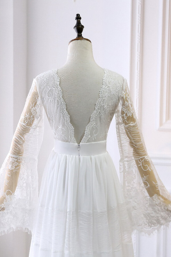 LLELLA Chic Empire Lace Tulle Wedding Dress Long Sleeves V-Neck Appliques Bridal Gowns On Sale-LLELLA