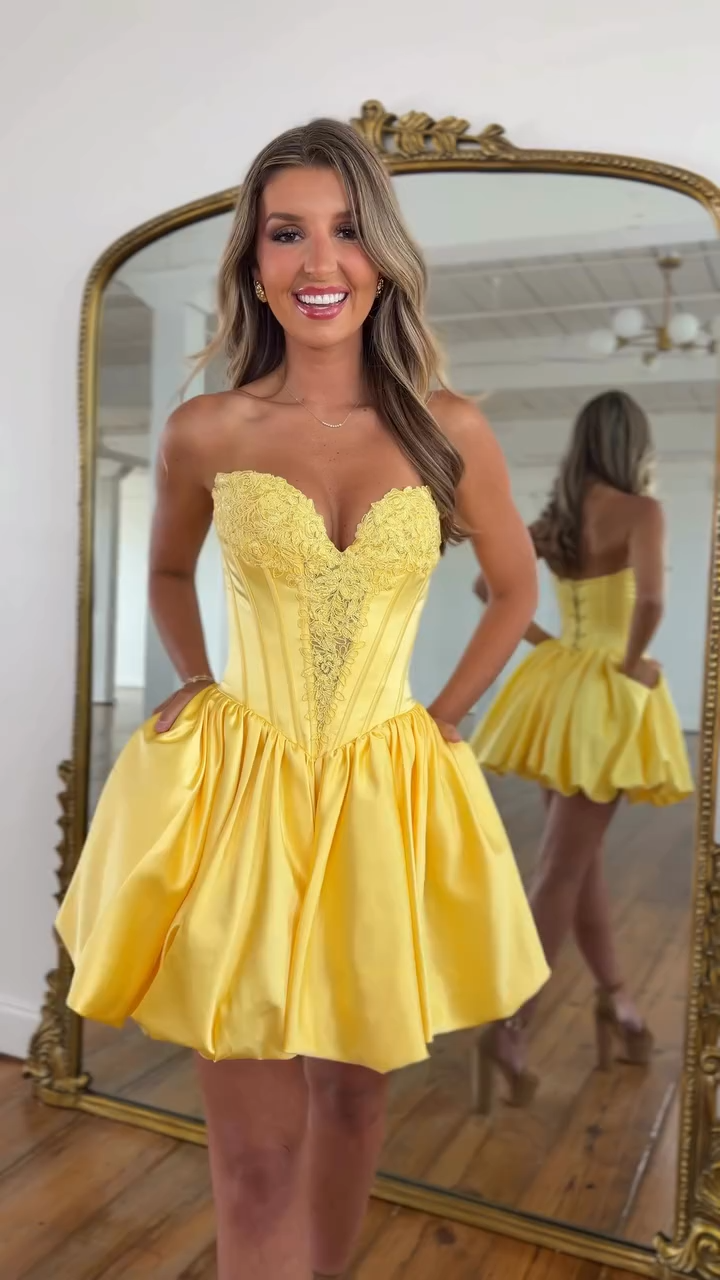 Yellow Strapless Sweetheart Lace Appliqué Corset Homecoming Dress HC162