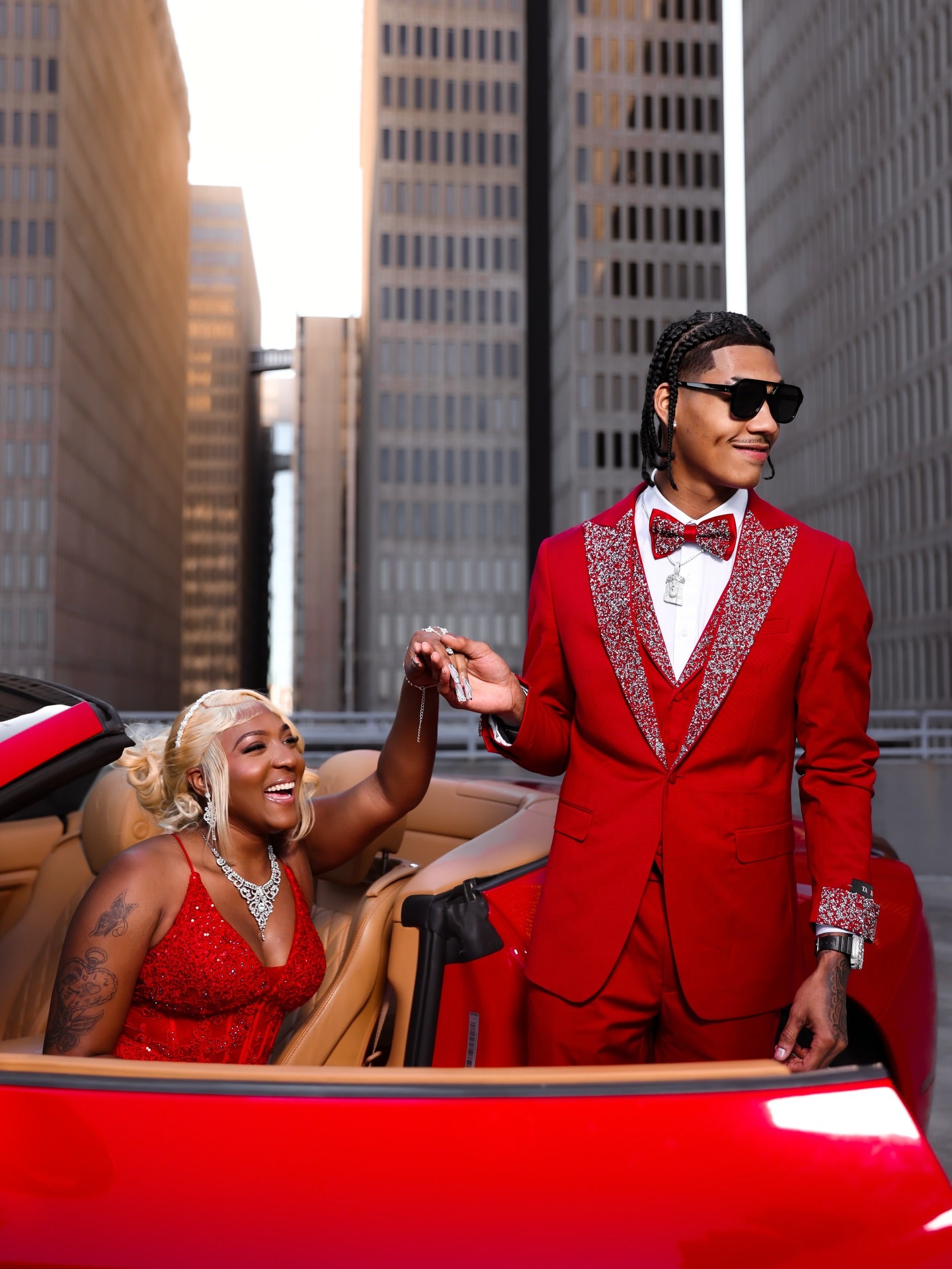 Red Halter V-Neck Crystal Beaded Mermaid Prom Dress with Ruffled Organza Skirt