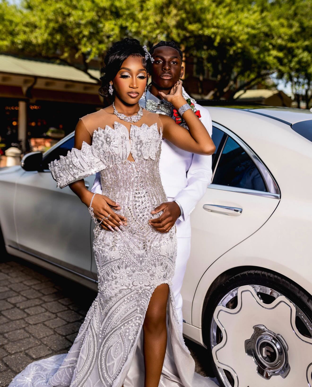 White Off-Shoulder 3D Floral Crystal Beaded Mermaid Prom Dress with High Slit and Sweep Train