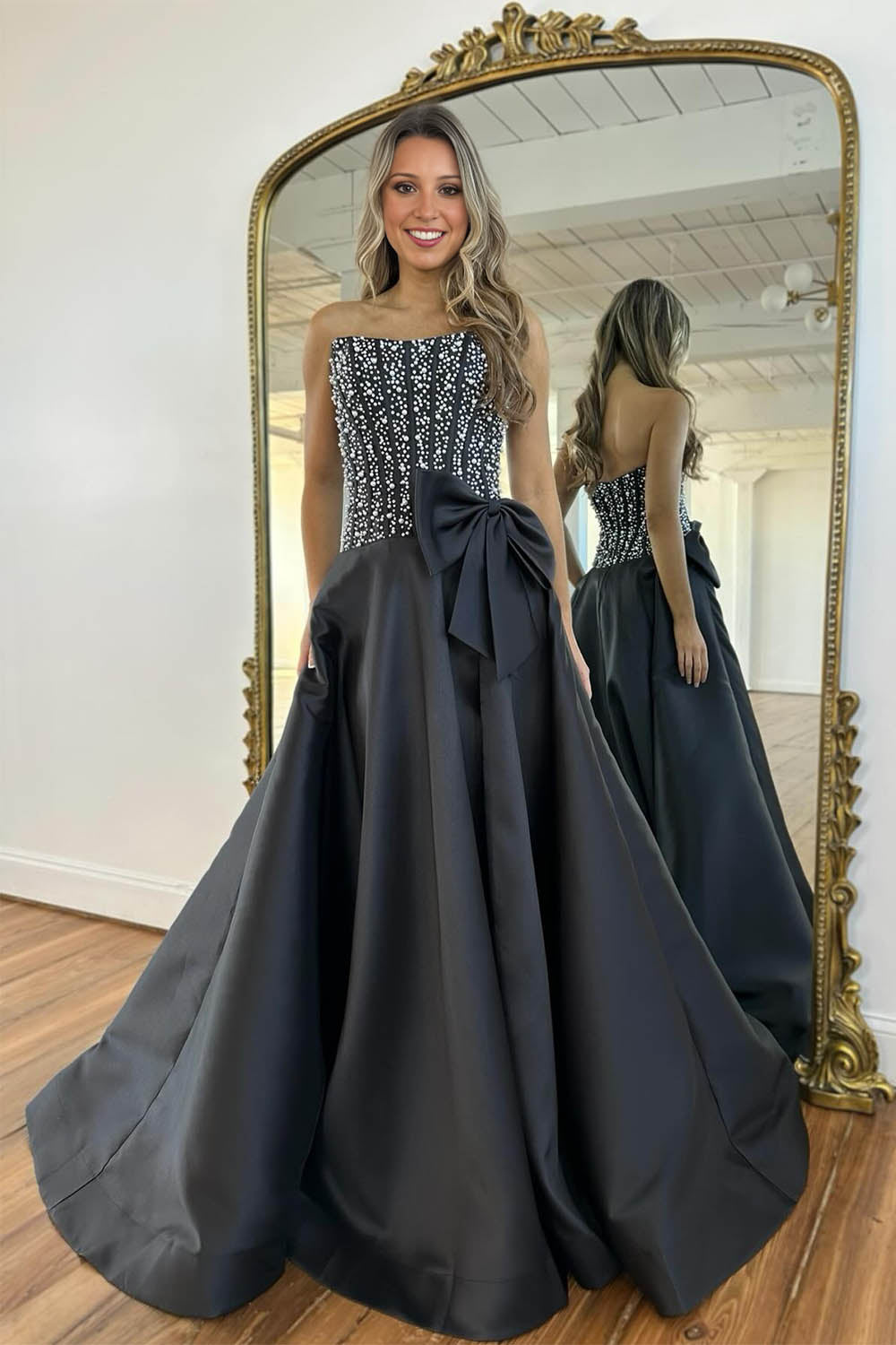 Beading Strapless Prom Gown with Bow-LLELLA