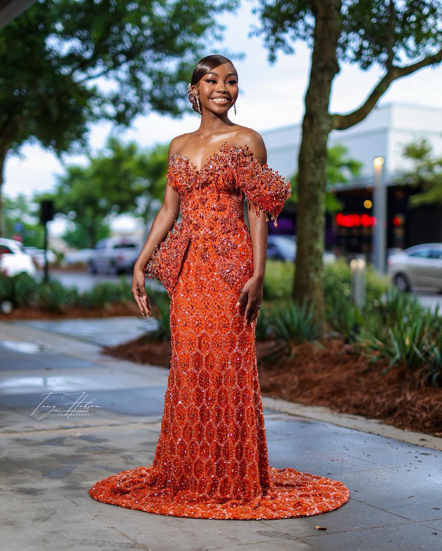 Burnt Orange Off-Shoulder Sequin Beaded Mermaid Gown