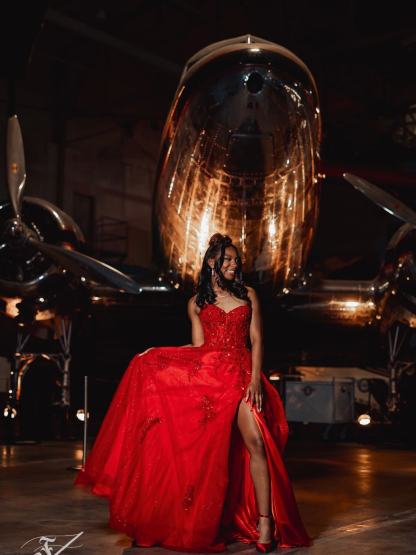 Red Sequin Beaded Strapless A-Line Prom Dress with 3D Floral Appliqué & High Slit