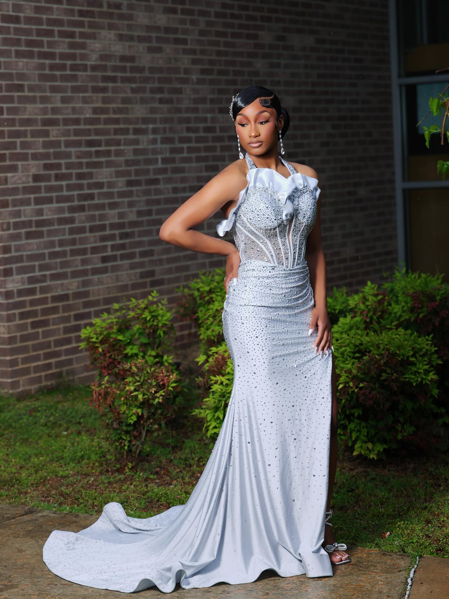 Silver Crystal Rhinestone Mermaid Prom Dress with Sheer Corset Bodice & High Slit