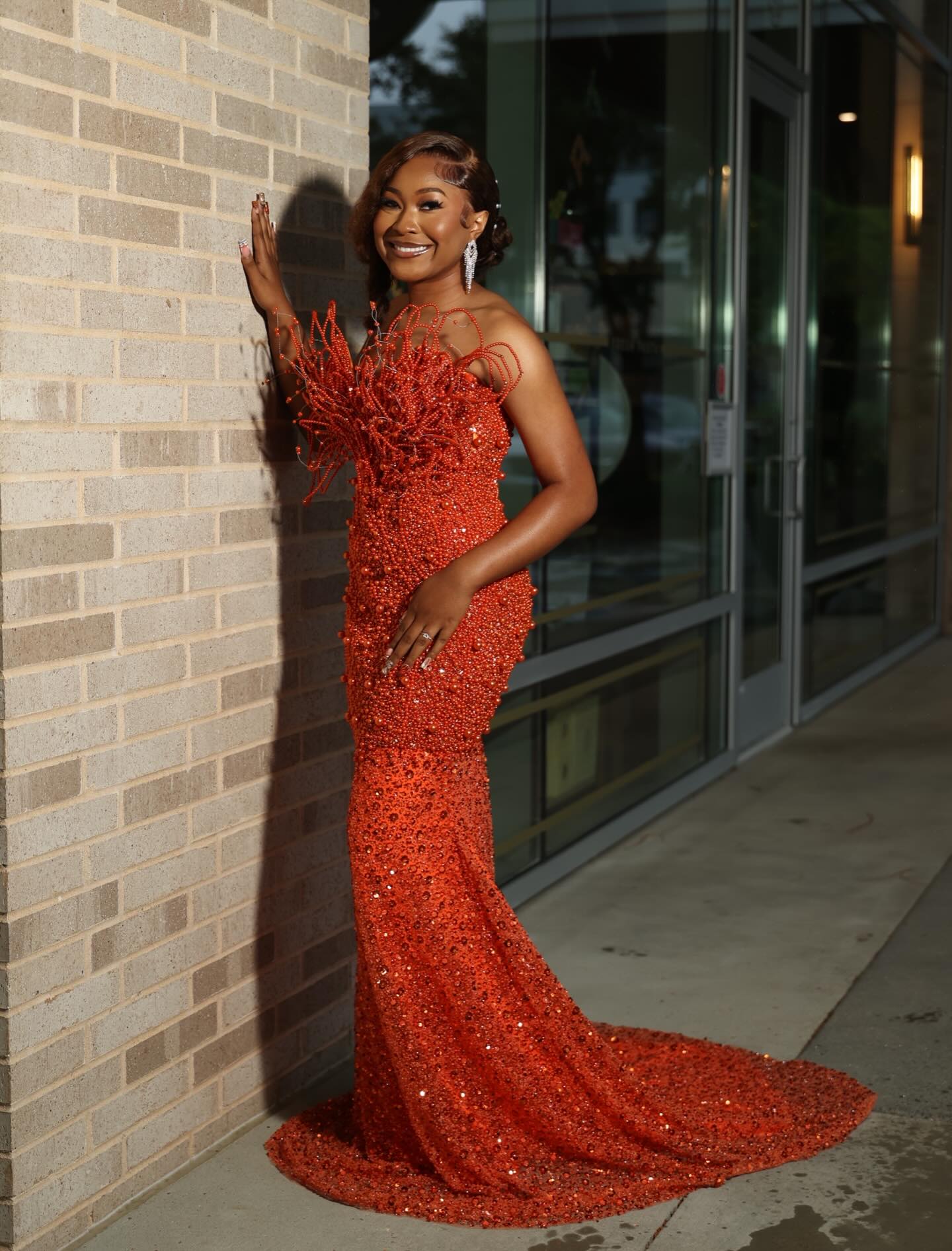 Burnt Orange 3D Spiral Beaded Tendril Off-Shoulder Crystal Mermaid Prom Dress-LLELLA