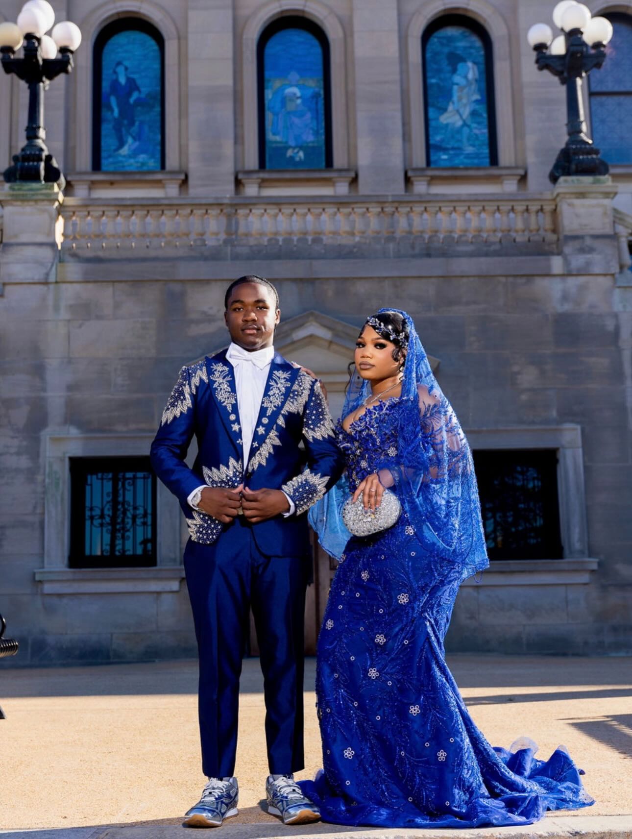 Royal Blue 3D Rose Floral Crystal Beaded Long Sleeve Mermaid Prom Dress with Custom Cathedral Train and Veil