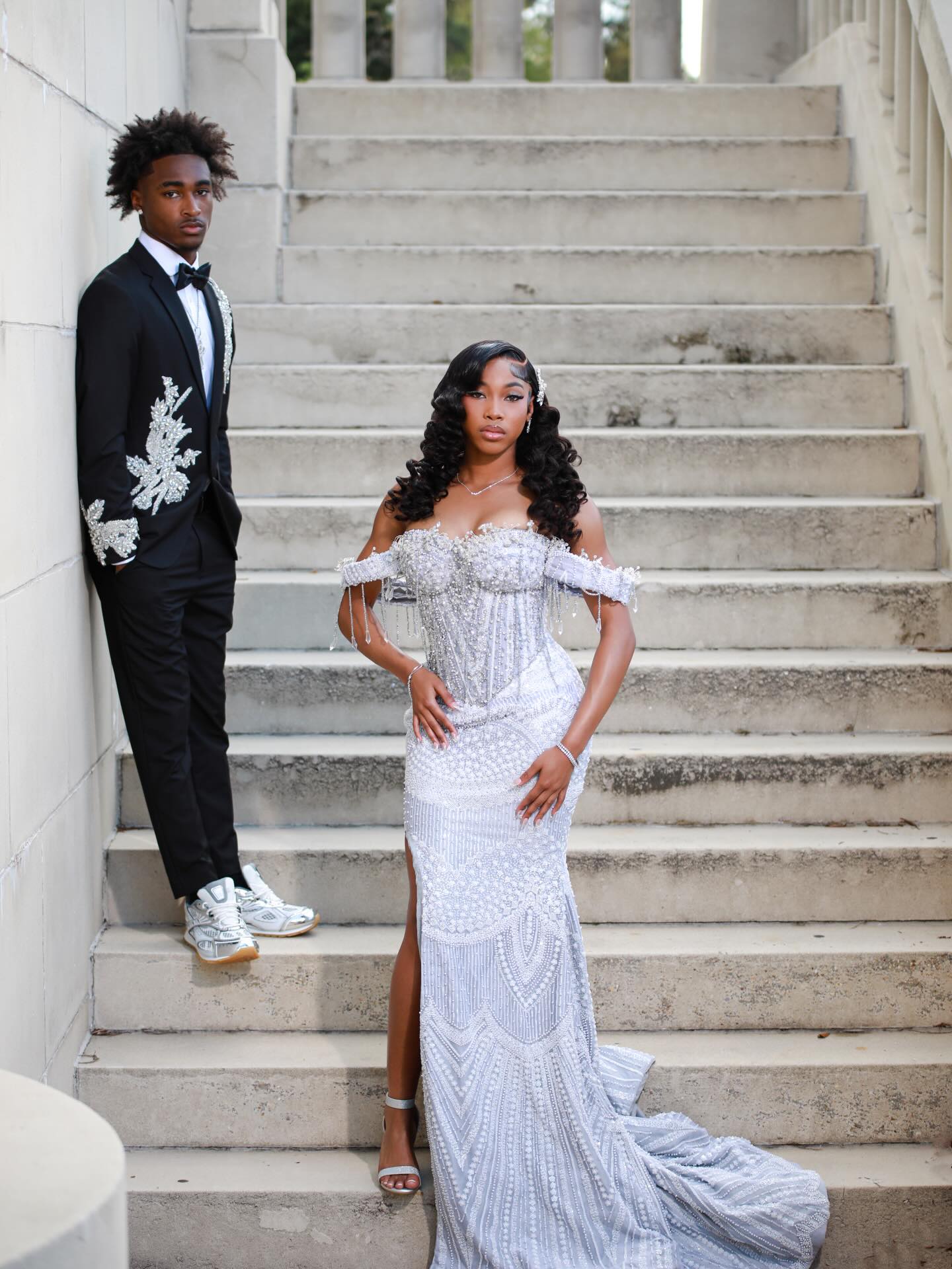 Silver Frost - Silver Crystal Beaded Off-Shoulder Mermaid Prom Dress with Crystal Fringe & Thigh Slit-LLELLA
