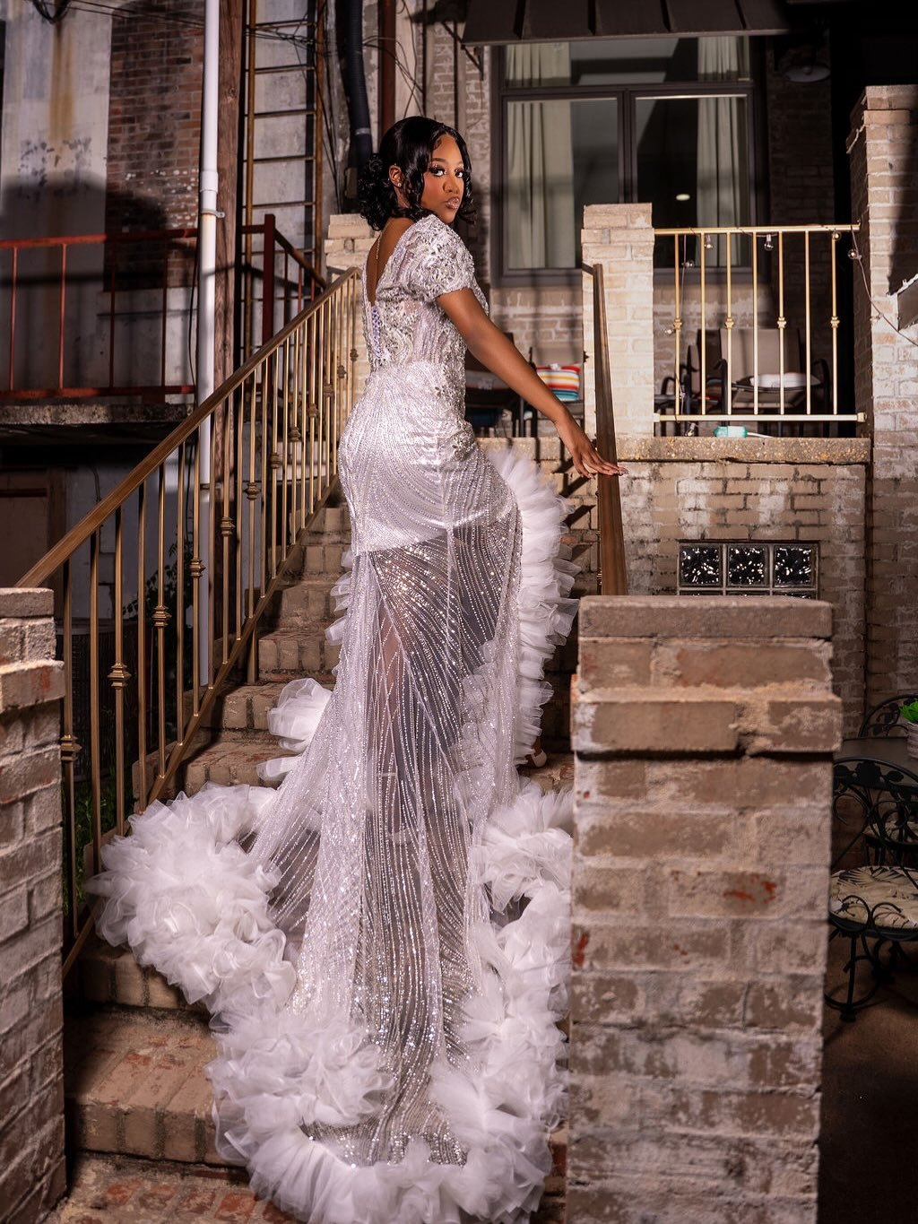 Silver Sequin Beaded Mermaid Gown with Ruffle Train