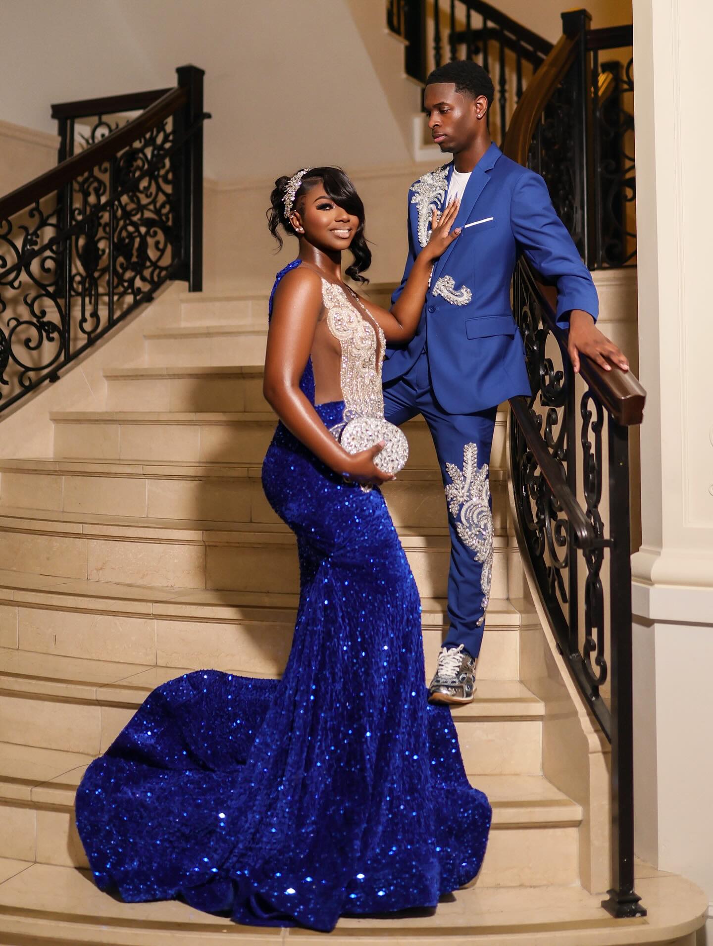 Royal Blue Sequin Beaded Mermaid Prom Dress with Sheer Bodice & Crystal Embellishments