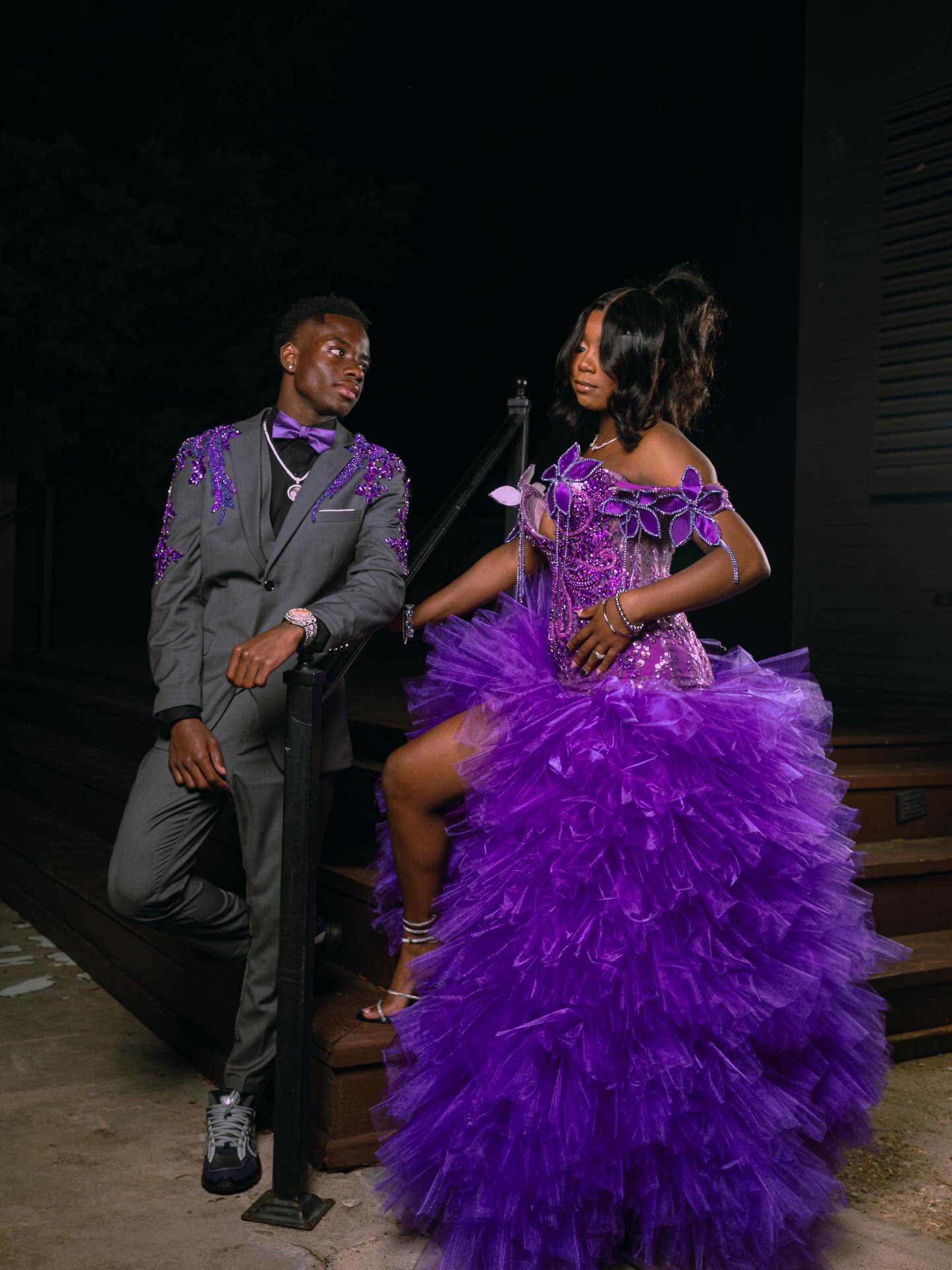 Purple Butterfly Sequin Beaded Off-Shoulder Ruffle Ball Gown