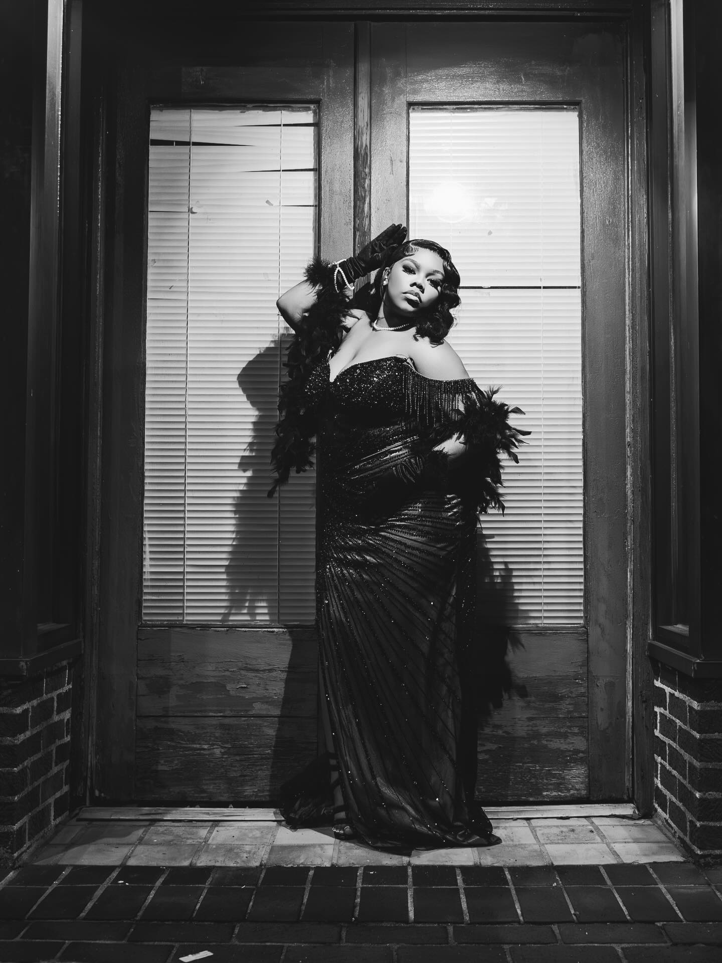 Black Crystal Fringe Off-Shoulder Corset Illusion Mermaid Prom Dress with Feather Boa & Opera Gloves-LLELLA